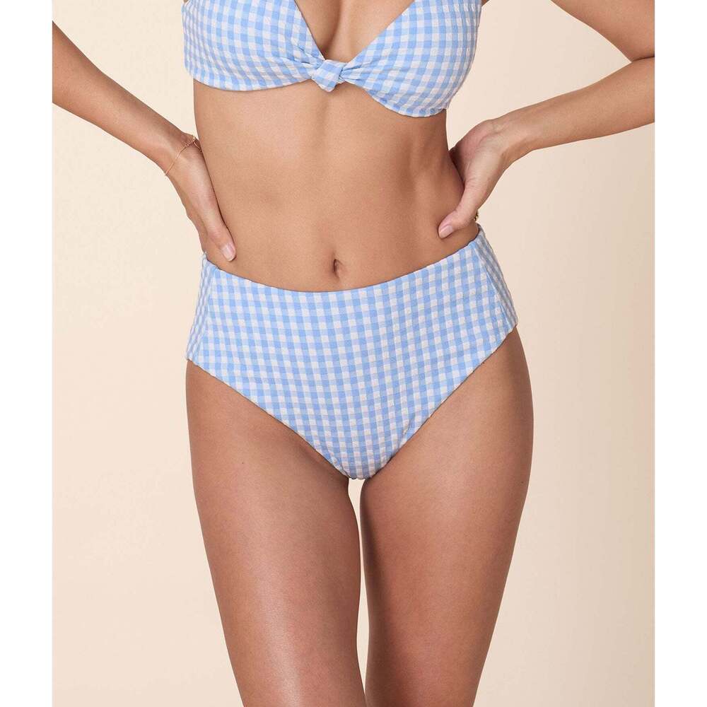Andie The High Rise Bikini Bottom - Crinkle Gingham - Sky Gingham Size XSSKY GIN